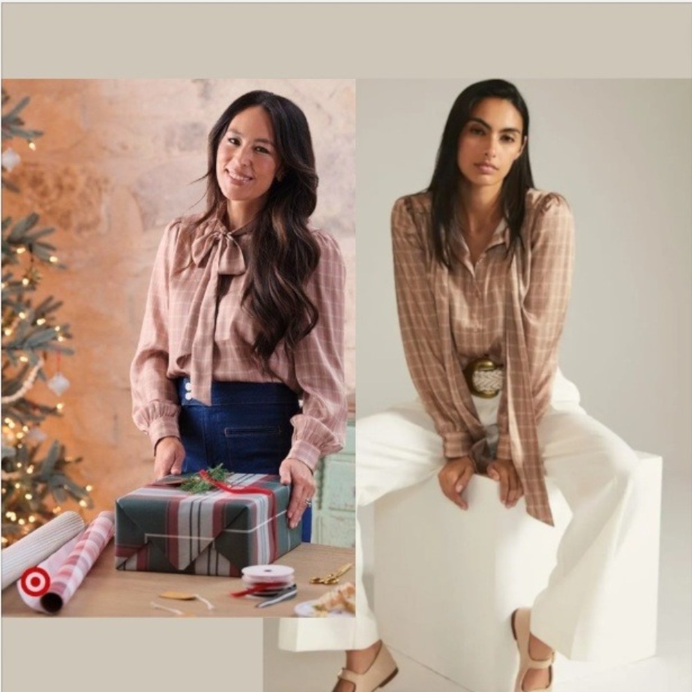 Mare Mare x Anthropologie Plaid Bow Neck Blouse Tan Brown Medium NWT